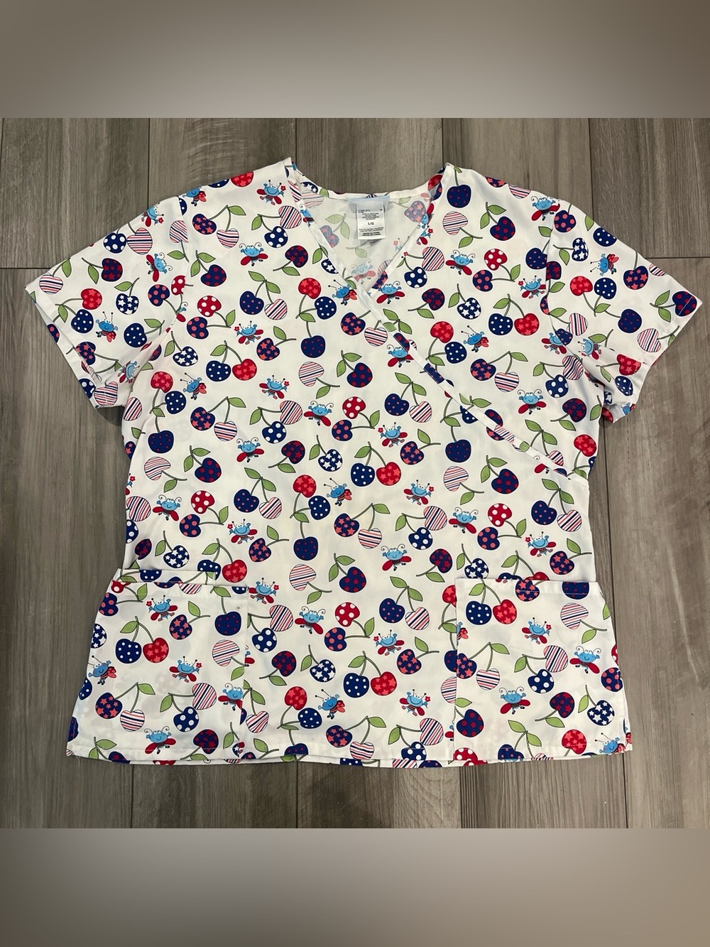 Women's White Patterned V-Neck Scrub Top with Red & Navy Fruit Print